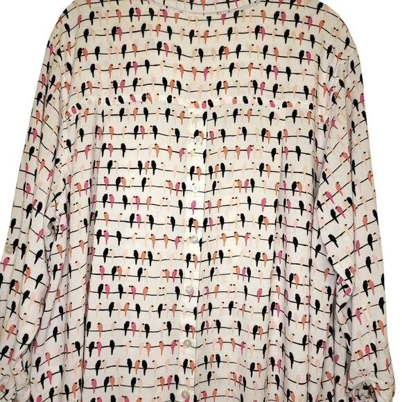 Women's LS Spring Flowy Office Career Button Down Birds Parrot Print Shirt Sz 1X - Picture 5 of 10